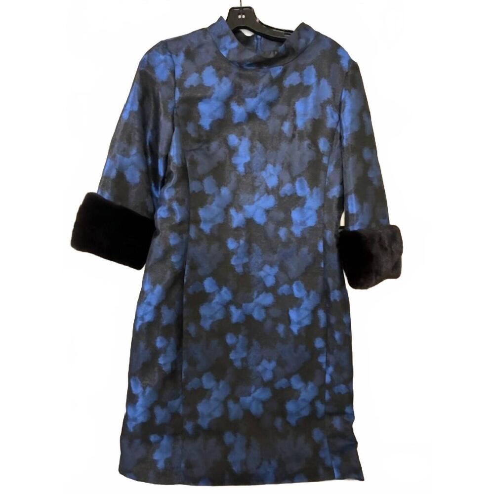 NEW BIGIO COLLECTION women's long sleeve brocade sheath mini dress in blue/black